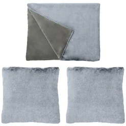 Lot de 2 coussins et 1 plaid en fausse fourrure gris givré doux - LEVY