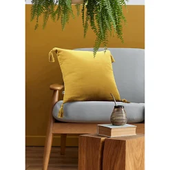 Lot de 2 coussins 40x40 double gaze de coton jaune avec pompons - PEPA