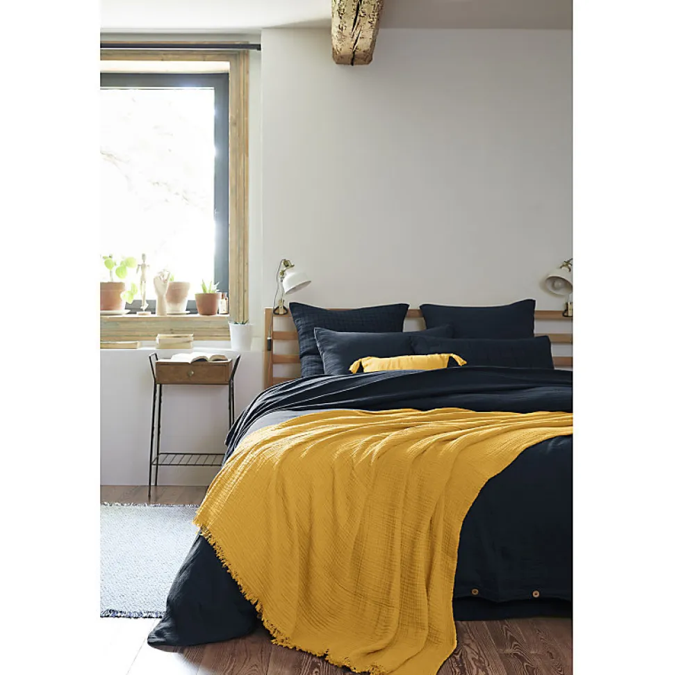 Lot de 2 coussins 40x40 double gaze de coton jaune avec pompons - PEPA