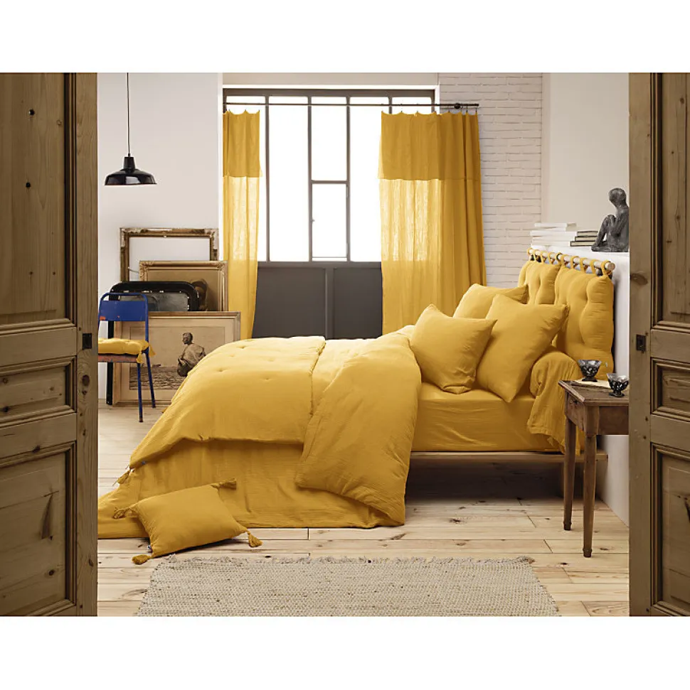 Lot de 2 coussins 40x40 double gaze de coton jaune avec pompons - PEPA