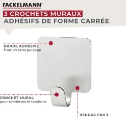 Lot de 3 crochets adhésifs carrés en acier inoxydable Fackelmann Tecno