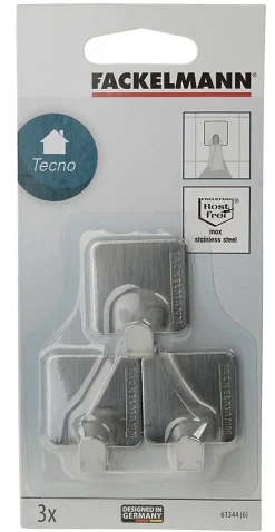Lot de 3 crochets adhésifs carrés en acier inoxydable Fackelmann Tecno