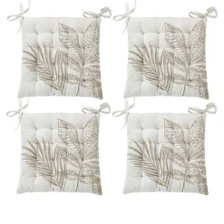 Lot de 4 galettes de chaise carrées 38x38 cm, coton écru à motif végétal, avec nouettes, Collection Natura CMADECO