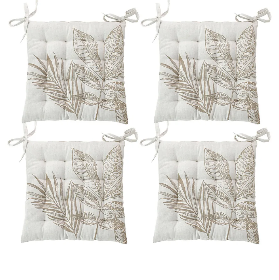 Lot de 4 galettes de chaise carrées 38x38 cm, coton écru à motif végétal, avec nouettes, Collection Natura CMADECO