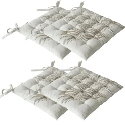 Lot de 4 galettes de chaise carrées 38x38 cm, coton écru à motif végétal, avec nouettes, Collection Natura CMADECO