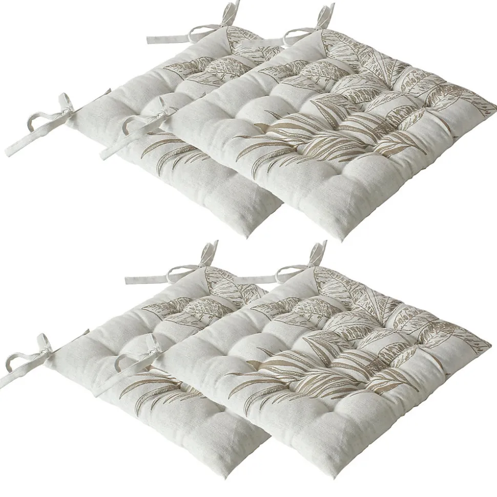 Lot de 4 galettes de chaise carrées 38x38 cm, coton écru à motif végétal, avec nouettes, Collection Natura CMADECO