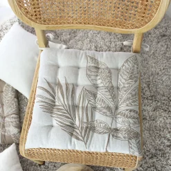 Lot de 4 galettes de chaise carrées 38x38 cm, coton écru à motif végétal, avec nouettes, Collection Natura CMADECO