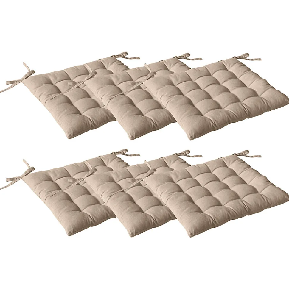 Lot de 6 galettes piquées, carré 38x38cm, beige naturel, avec nouettes, 100% coton, collection Panama, CMADECO