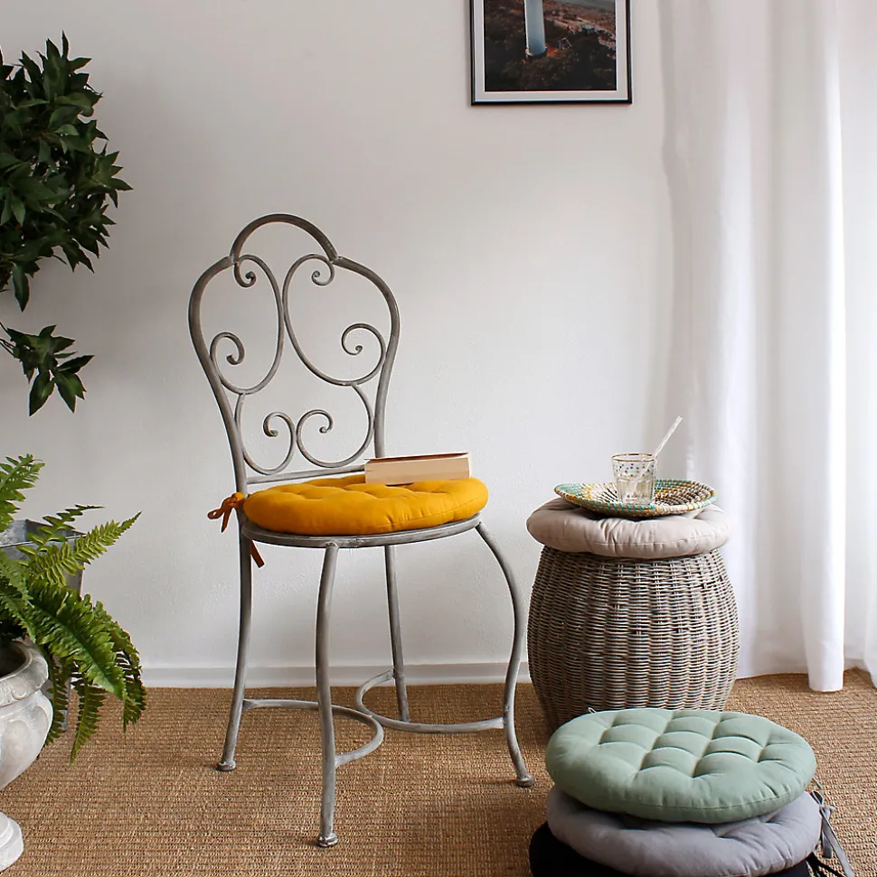 Lot de 4 galettes piquées, ronde 38cm, vert argile, avec nouettes, 100% coton, collection Panama, CMADECO