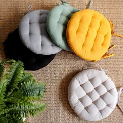 Lot de 4 galettes piquées, ronde 38cm, vert argile, avec nouettes, 100% coton, collection Panama, CMADECO