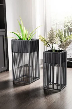 Lot de 2 Pots de Fleurs en Métal Massif Jardinière Noir Planteur Moderne FineBuy