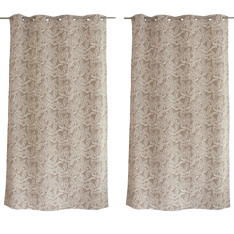 Lot de 2 rideaux à Œillets, 140x240cm, Naturel, Motifs feuilles, Coton Chambray, Collection Lodge, CMADECO