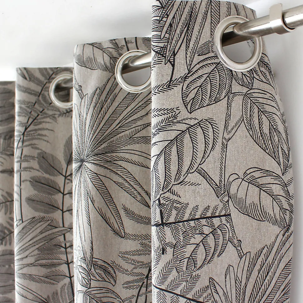 Lot de 2 Rideaux à Œillets, 140x240cm, Naturel et Gris, Motif Jungle Tropical, Collection Mambo, CMADECO