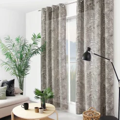 Lot de 2 Rideaux à Œillets, 140x240cm, Naturel et Gris, Motif Jungle Tropical, Collection Mambo, CMADECO