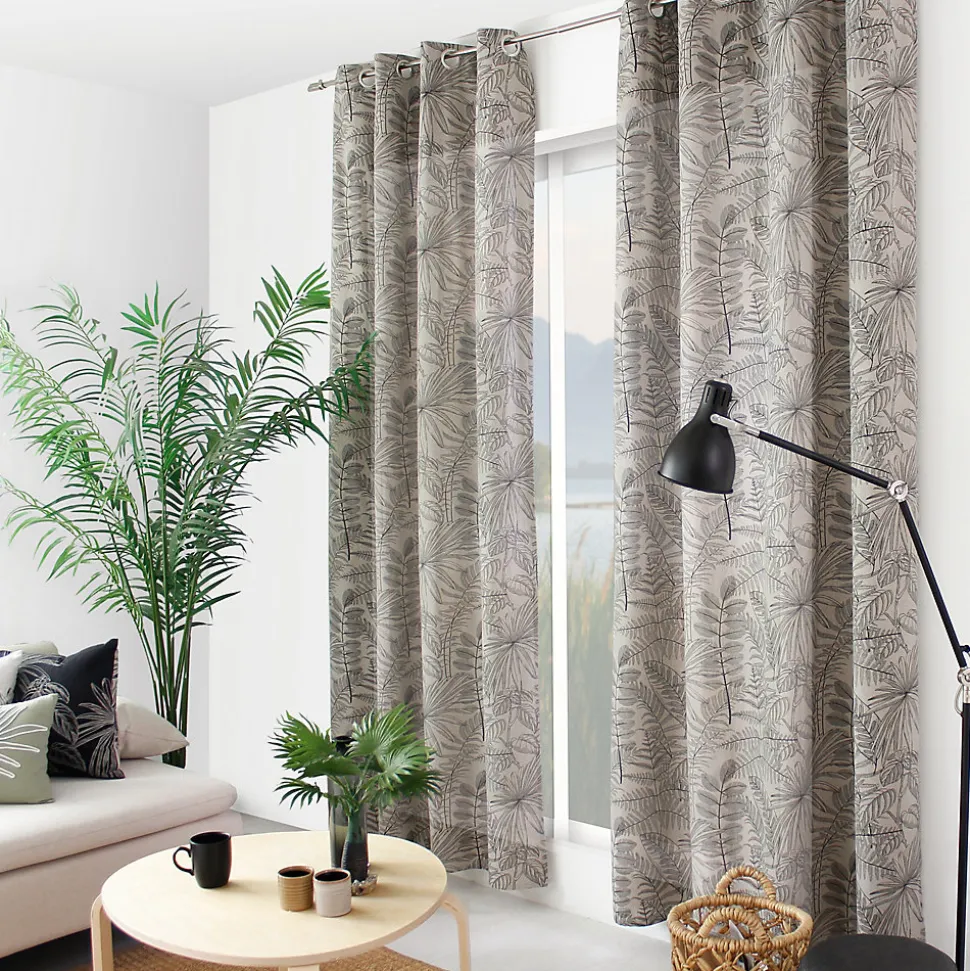 Lot de 2 Rideaux à Œillets, 140x240cm, Naturel et Gris, Motif Jungle Tropical, Collection Mambo, CMADECO