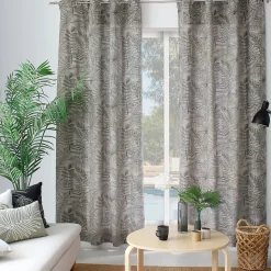 Lot de 2 Rideaux à Œillets, 140x240cm, Naturel et Gris, Motif Jungle Tropical, Collection Mambo, CMADECO