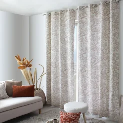 Lot de 2 rideaux à Œillets, 140x240cm, Ecru, Motifs feuilles, Coton Chambray, Collection Lodge, CMADECO