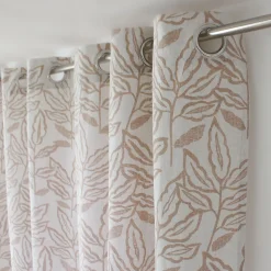 Lot de 2 rideaux à Œillets, 140x240cm, Ecru, Motifs feuilles, Coton Chambray, Collection Lodge, CMADECO