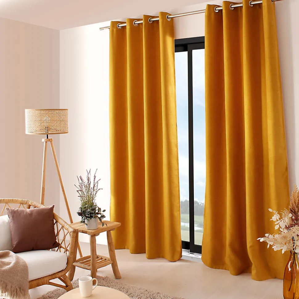 Lot de 2 rideaux obscurcissant thermique fileté avec oeillets, moutarde, 140x240cm, 100% polyester, collection Floppy, CMADECO