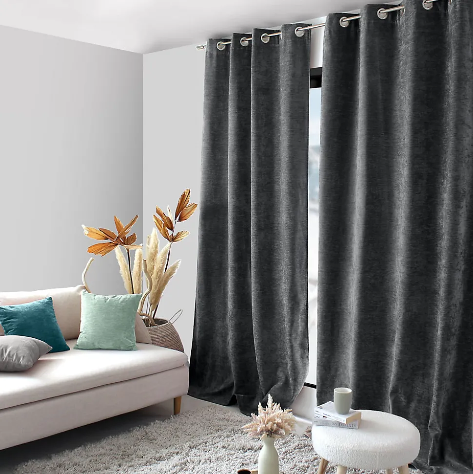 Lot de 2 Rideaux Thermique avec Œillets, Gris Foncé, Grande Hauteur, 140x260cm, Velours, Collection Velvet, CMADECO