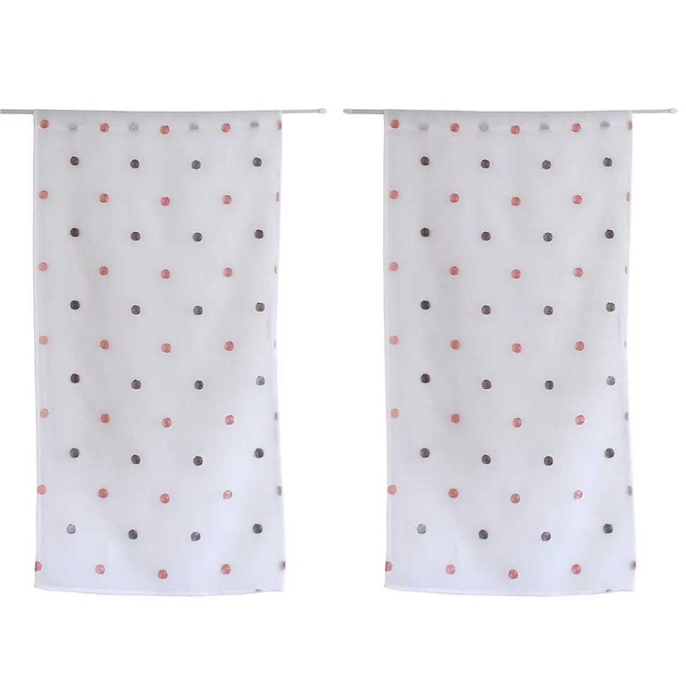Lot de 4 Vitrages, 60x90cm, Blanc, Motif pois brodé Gris et Rose, Passe Tringle, Collection Smarties, CMADECO