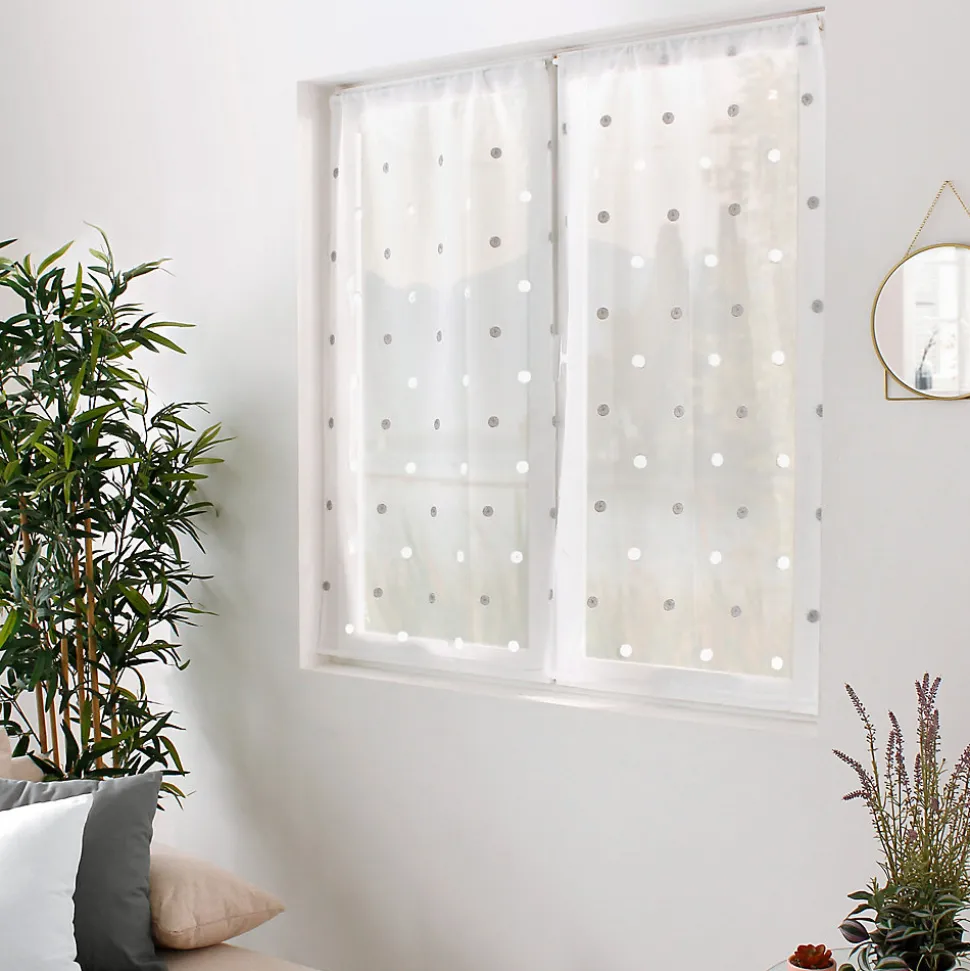 Lot de 4 Vitrages, 60x160cm, Blanc, Motif pois brodé Blanc et Argent, Passe Tringle, Collection Smarties, CMADECO