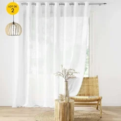 Lot de 2 voilages grande largeur à œillets 300 x 240 cm Effet lin tissé Haltona Blanc