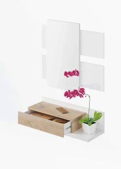 Meuble d'entrée avec miroir, coloris blanc Artik Mate / chêne canadien en mélamine - Dim : 20 x 75 x 29 cm