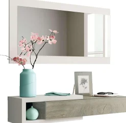 Meuble d'entrée avec un miroir coloris blanc artic / chêne - H.19 x L.95 x P.26 cm