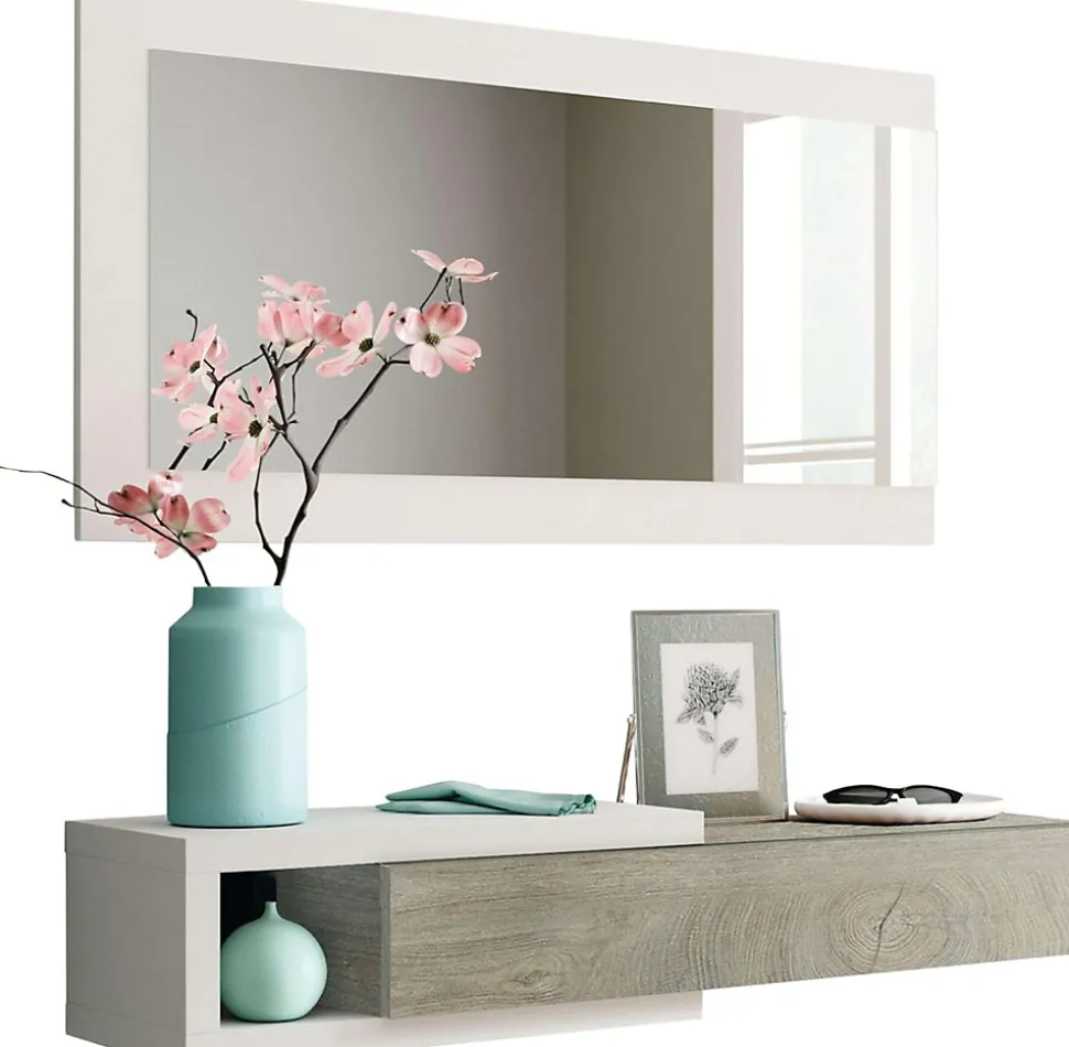Meuble d'entrée avec un miroir coloris blanc artic / chêne - H.19 x L.95 x P.26 cm