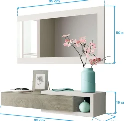 Meuble d'entrée avec un miroir coloris blanc artic / chêne - H.19 x L.95 x P.26 cm