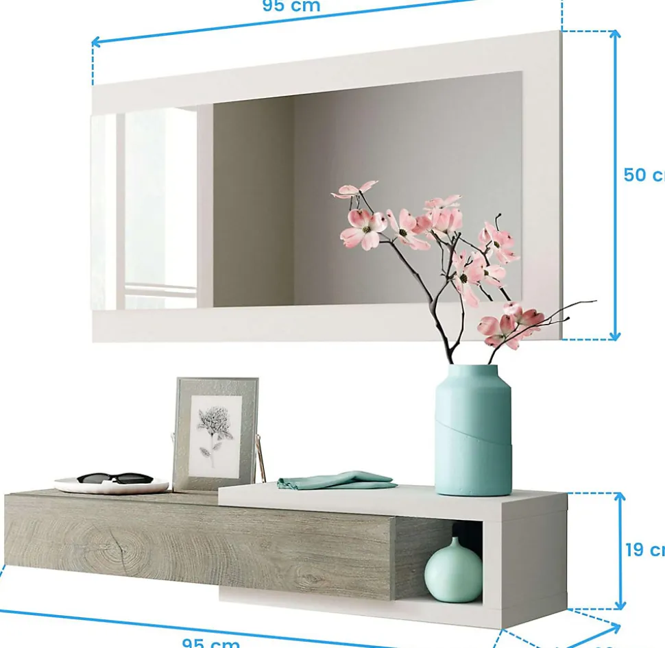 Meuble d'entrée avec un miroir coloris blanc artic / chêne - H.19 x L.95 x P.26 cm