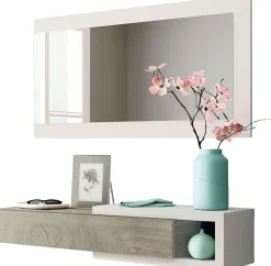 Meuble d'entrée avec un miroir coloris blanc artic / chêne - H.19 x L.95 x P.26 cm