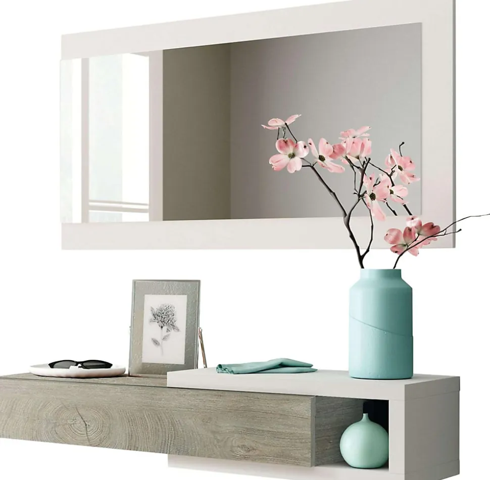 Meuble d'entrée avec un miroir coloris blanc artic / chêne - H.19 x L.95 x P.26 cm