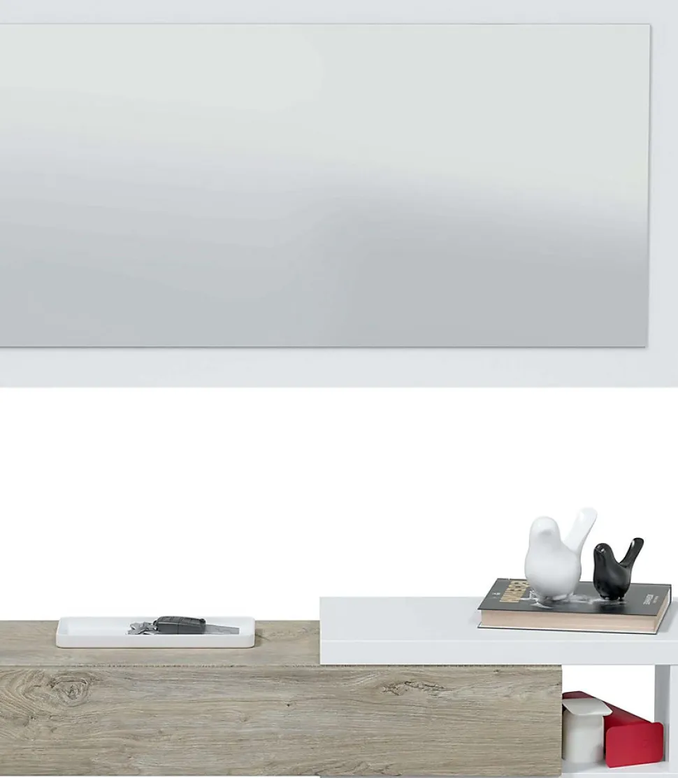 Meuble d'entrée avec un miroir coloris blanc artic / chêne - H.19 x L.95 x P.26 cm