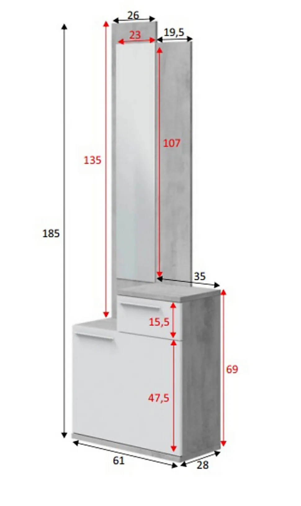 Meuble d'entrée, meuble de rangement coloris gris cendre, blanc brillant - longueur 61 x hauteur 185 x profondeur 28 cm