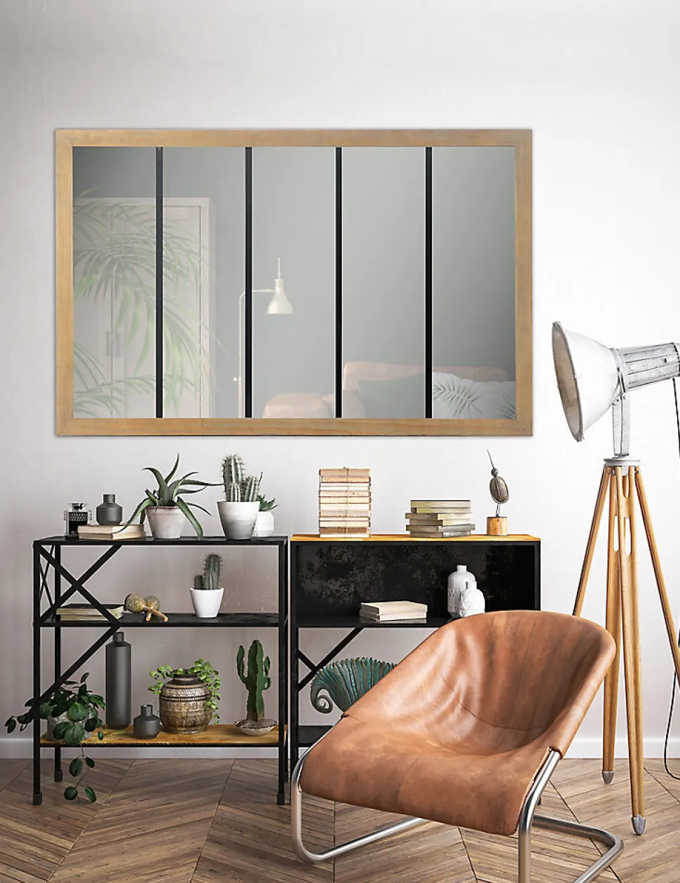 Miroir atelier 5 bandes bois et métal L.140 x l.90 cm
