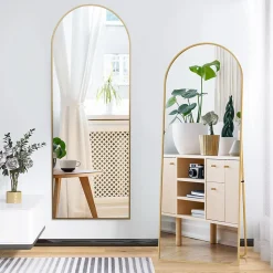 Miroir autoportant arqué 164x54 cm, utilisable au sol ou mural, Grand miroir en pied, Doré