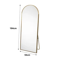 Miroir autoportant arqué 164x54 cm, utilisable au sol ou mural, Grand miroir en pied, Doré