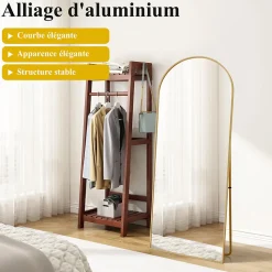 Miroir autoportant arqué 164x54 cm, utilisable au sol ou mural, Grand miroir en pied, Doré