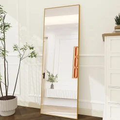 Miroir autoportant rectangulaire 173x63 cm, grand miroir sur pied, pose au sol ou fixation murale, Doré