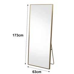 Miroir autoportant rectangulaire 173x63 cm, grand miroir sur pied, pose au sol ou fixation murale, Doré