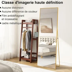 Miroir autoportant rectangulaire 173x63 cm, grand miroir sur pied, pose au sol ou fixation murale, Doré