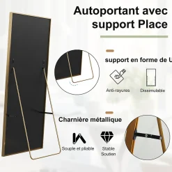 Miroir autoportant rectangulaire 173x63 cm, grand miroir sur pied, pose au sol ou fixation murale, Doré
