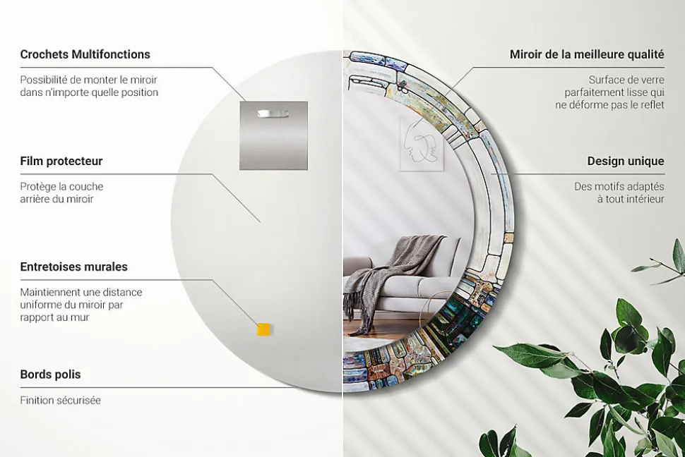 Miroir Cercle Ovale Motif Décoratif Wallfluent fi60 cm Vitrail Salle de Bain Scandinave