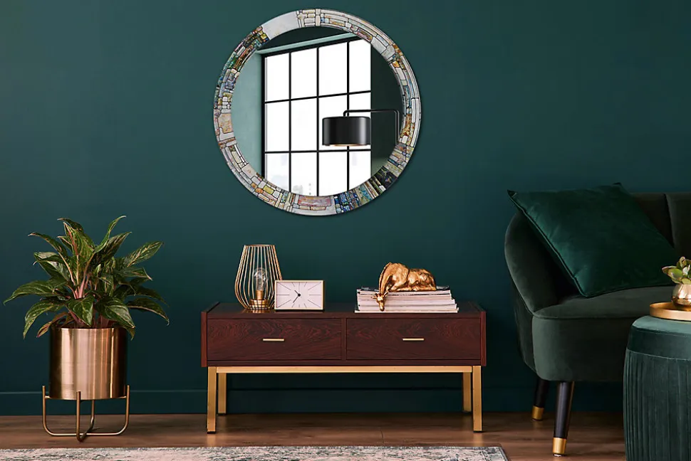 Miroir Cercle Ovale Motif Décoratif Wallfluent fi80 cm Vitrail Salle de Bain Scandinave