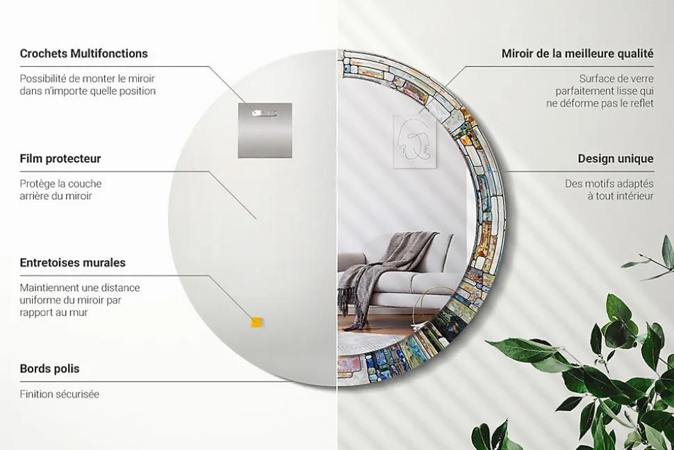 Miroir Cercle Ovale Motif Décoratif Wallfluent fi80 cm Vitrail Salle de Bain Scandinave