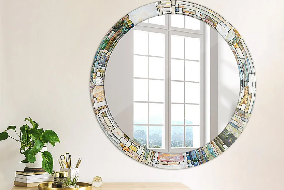 Miroir Cercle Ovale Motif Décoratif Wallfluent fi80 cm Vitrail Salle de Bain Scandinave
