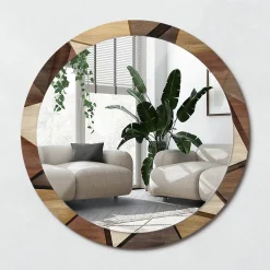 Miroir Cercle Ovale Motif XXL Wallfluent fi100 cm Bois Géométrique 3D Salle de Bain Scandinave