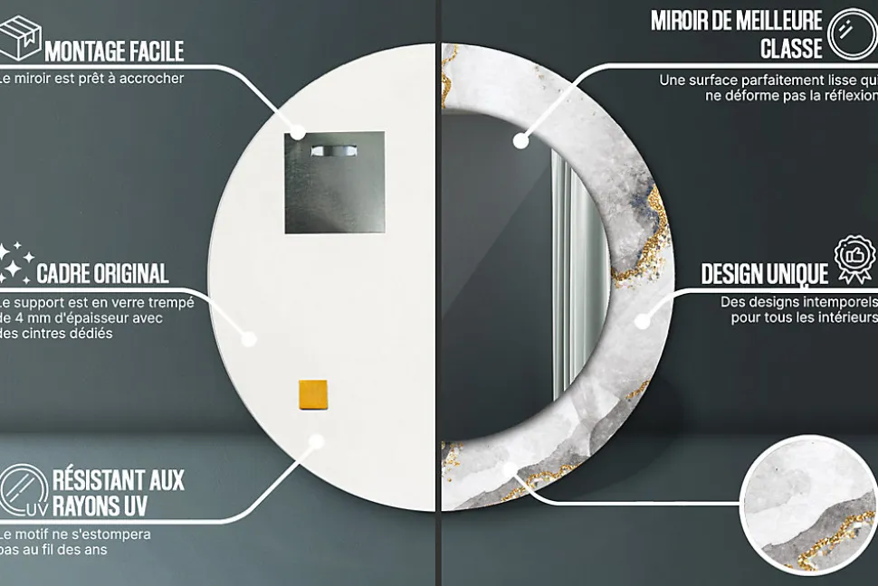 Miroir Circulaire avec Cadre Imprimé Décoratif Tulup 50 cm - 36 cm Motif Marbré
